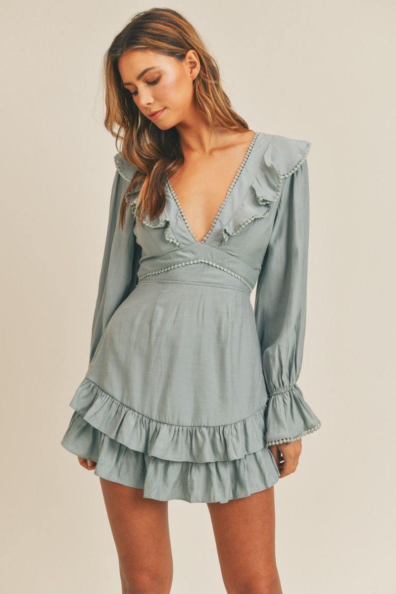 Sweetheart Ruffled Mini Dress - Dusty Blue